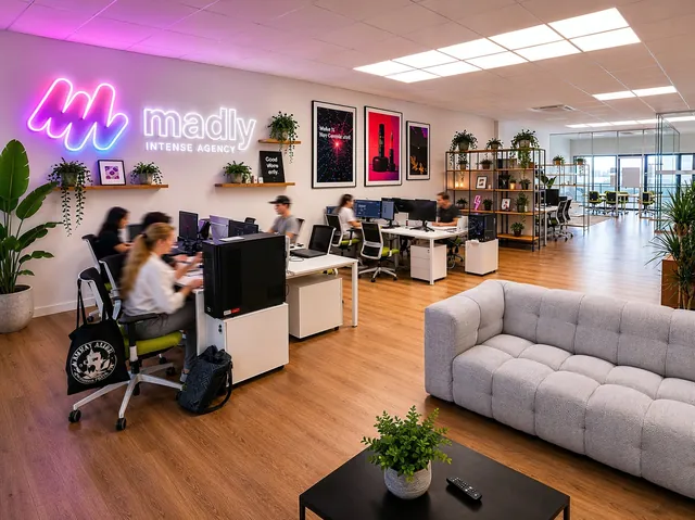 oficina madly — mesa del equipo con neón